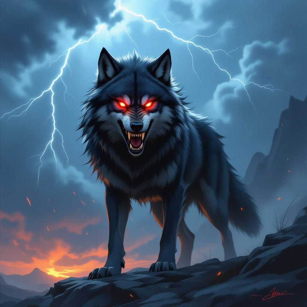 Fierce Wolf Under Stormy Sky in Dark Fantasy Style