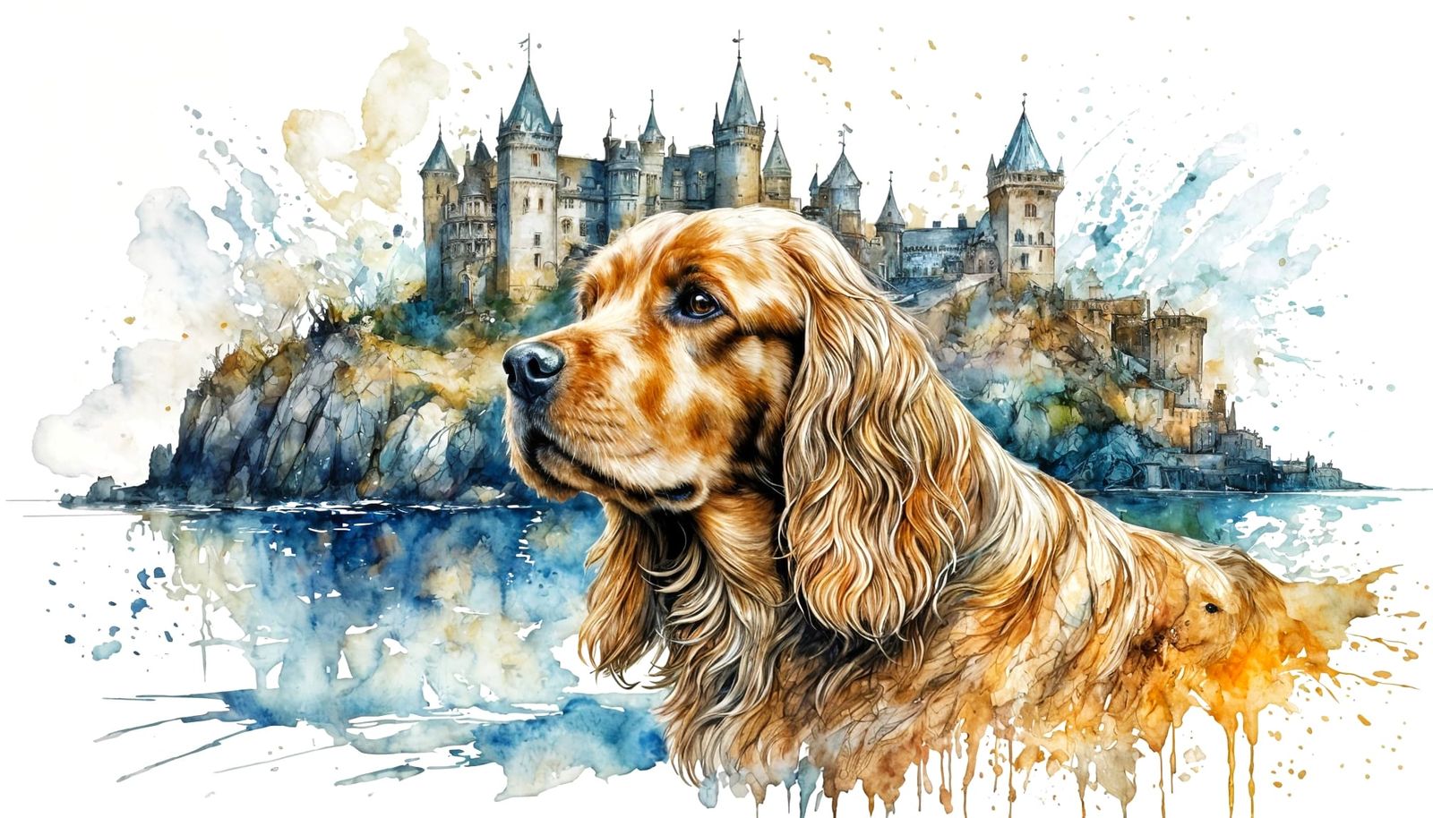 Golden Cocker Spaniel in Castle by the Sea
