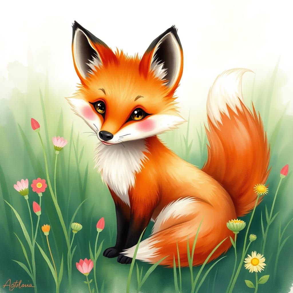 Whimsical Red Fox in Meadow, Watercolor Illustration