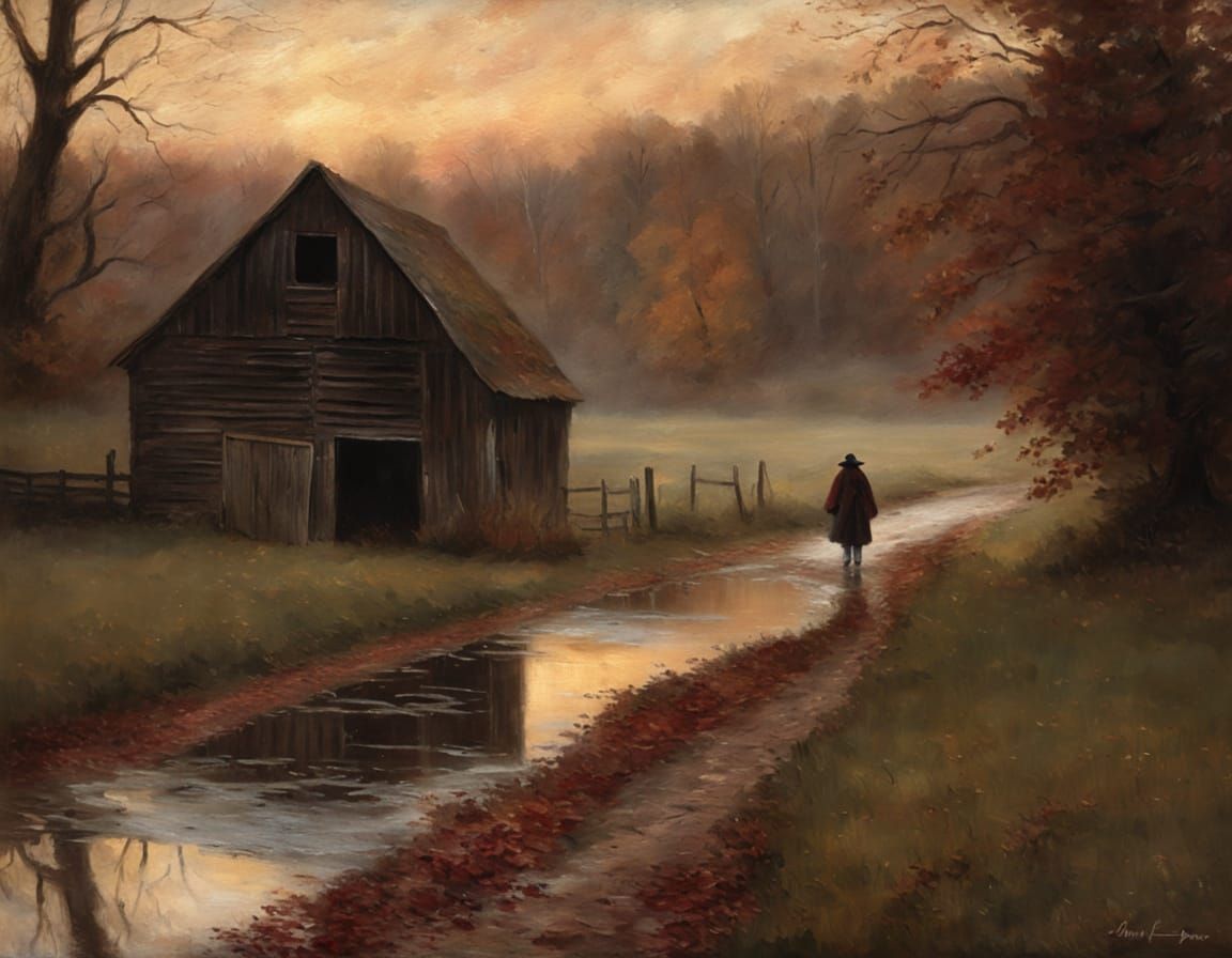 Romantic Landscape: Barn with Figure in Painterly Style