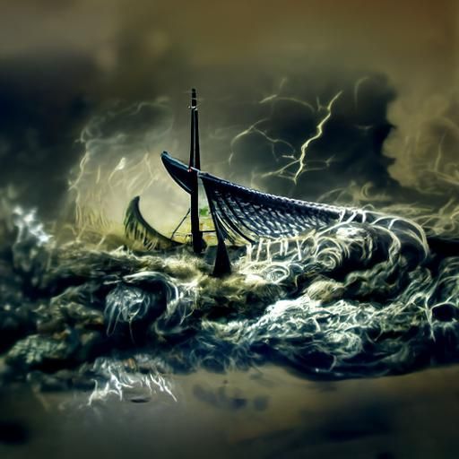 Viking Boat in Stormy Seas, Sci-Fi Illustration