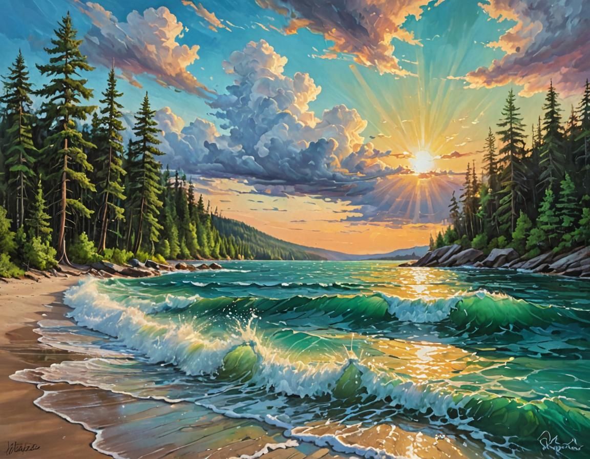Ocean Storms Meet Emerald Lake: Oil Painting