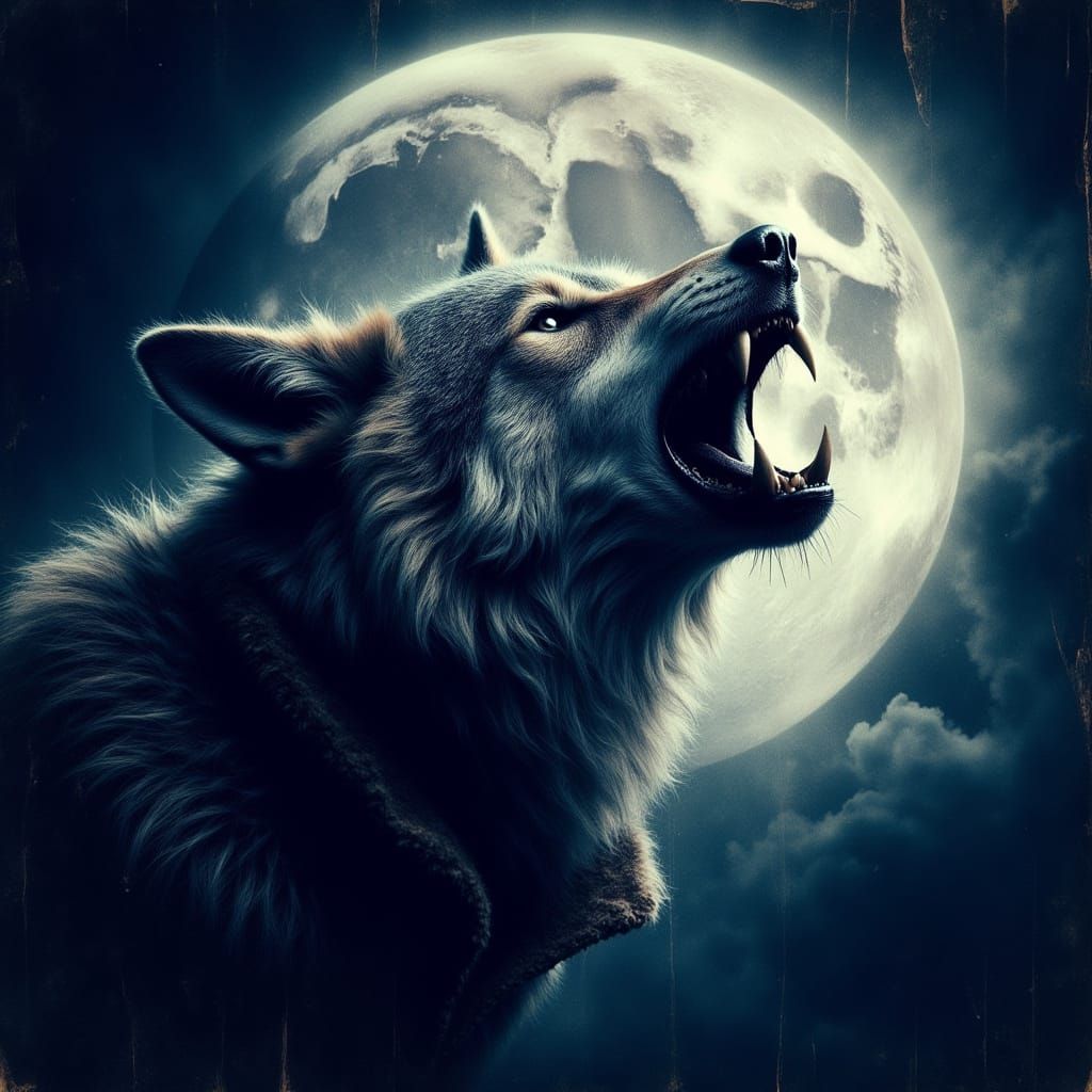 Wolf's Dramatic Howl Under a Vibrant Full Moon