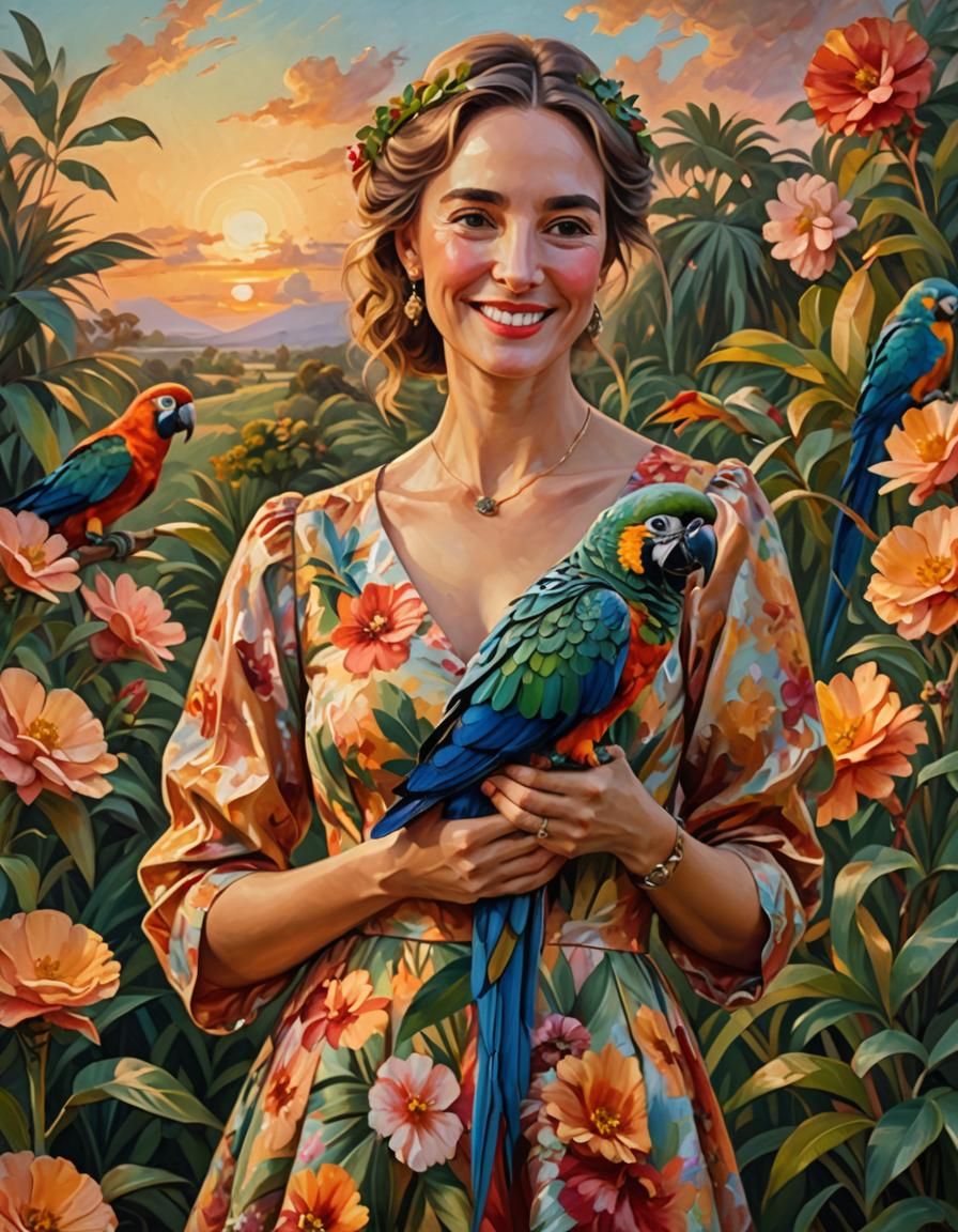 Woman with Parrot in Impressionistic Impasto Style