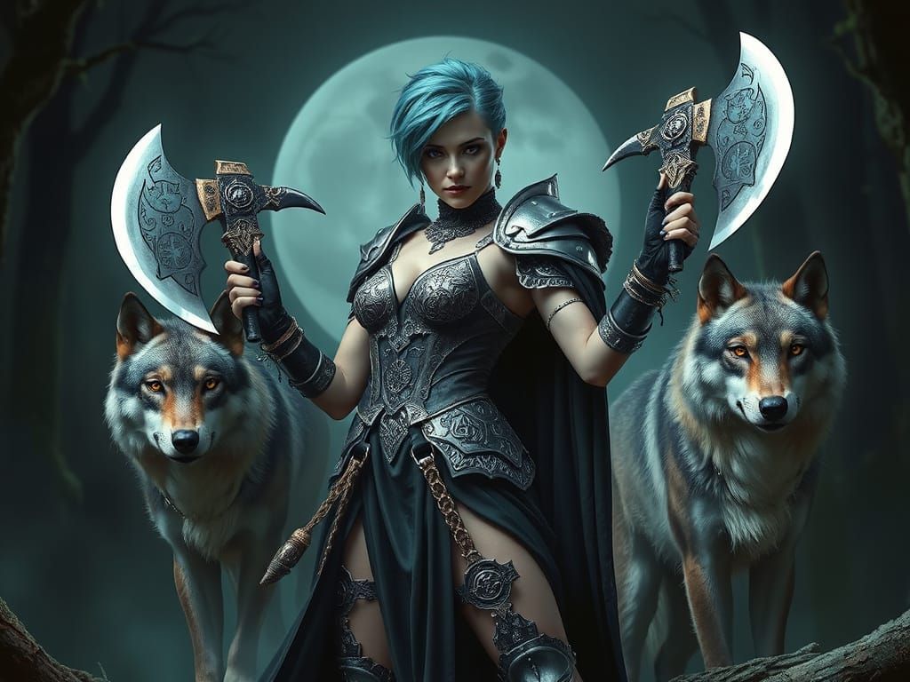 Gothic Female Warrior in Dark Armor with Wolves and Dual Axe...