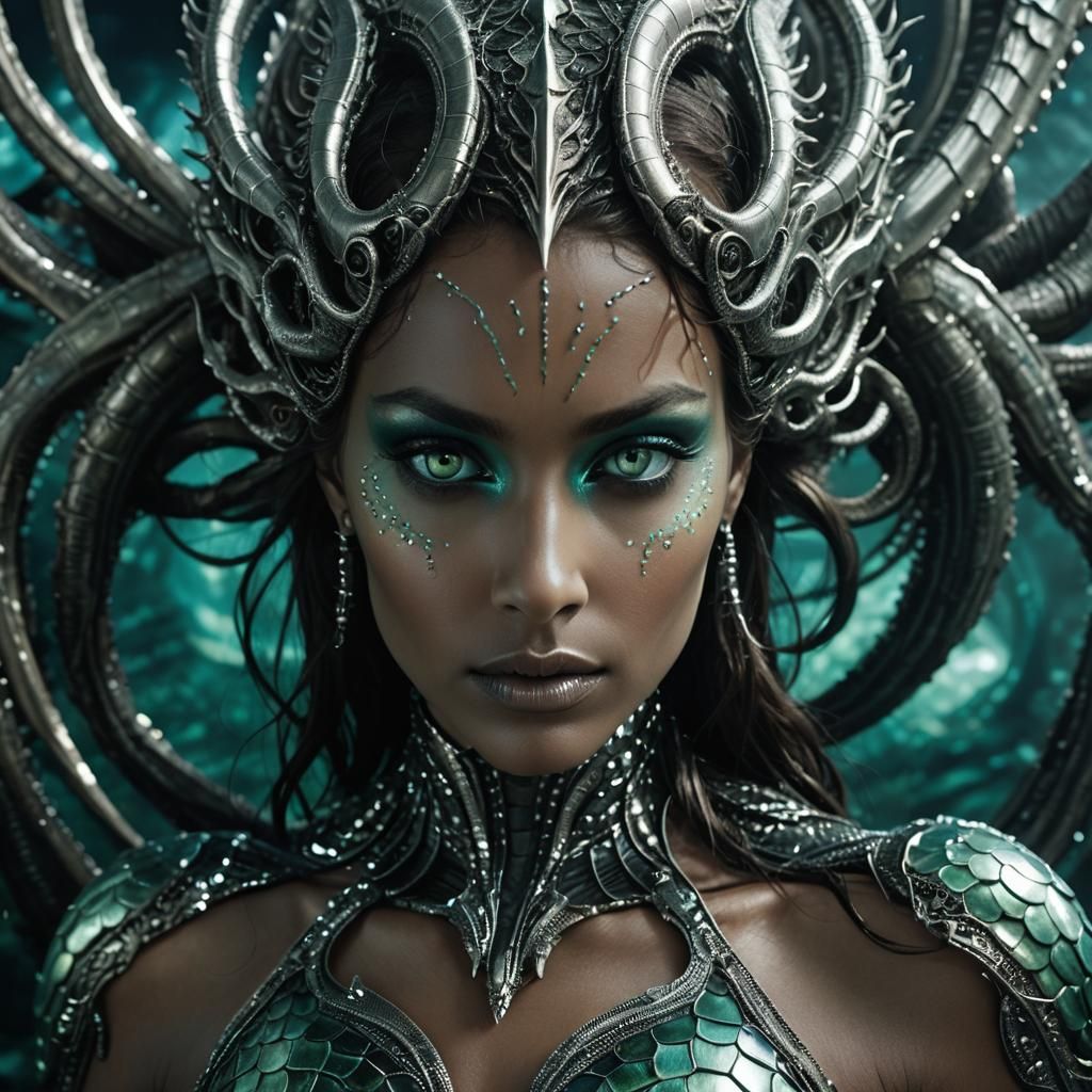 Mocha Siren with Silver Scales in Giger-esque Style