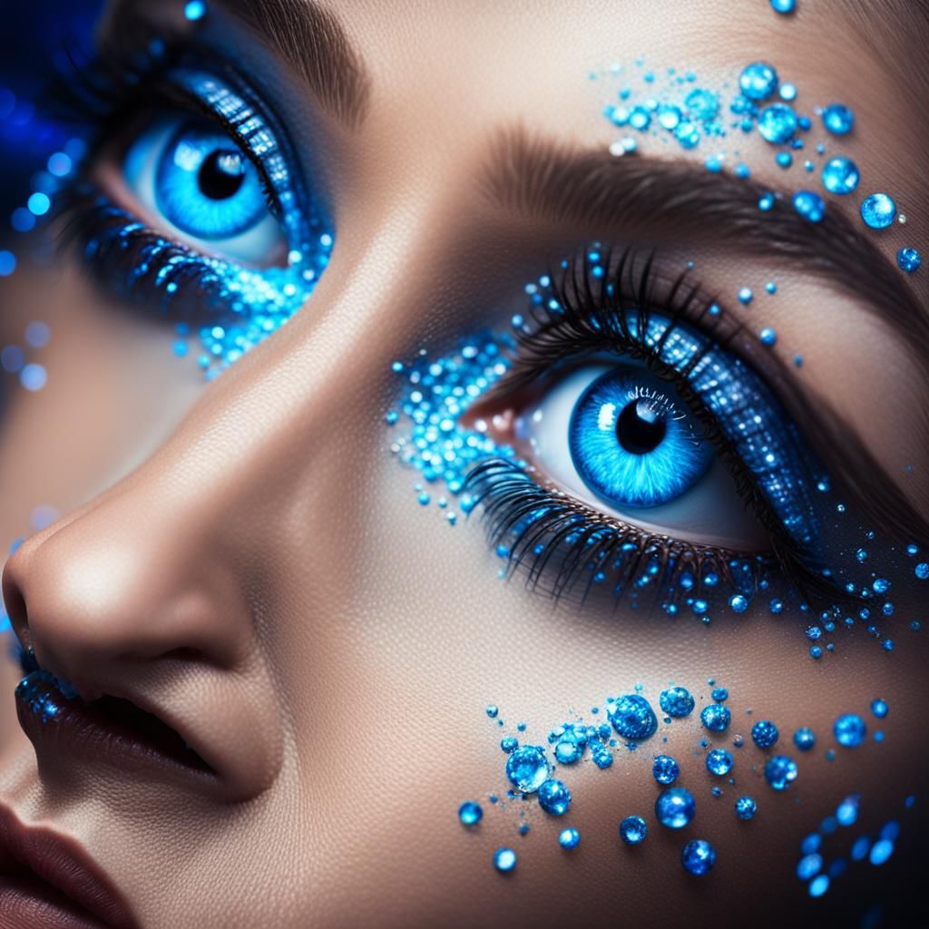 Radiant Neon Blue Eyes with Sparkling Makeup