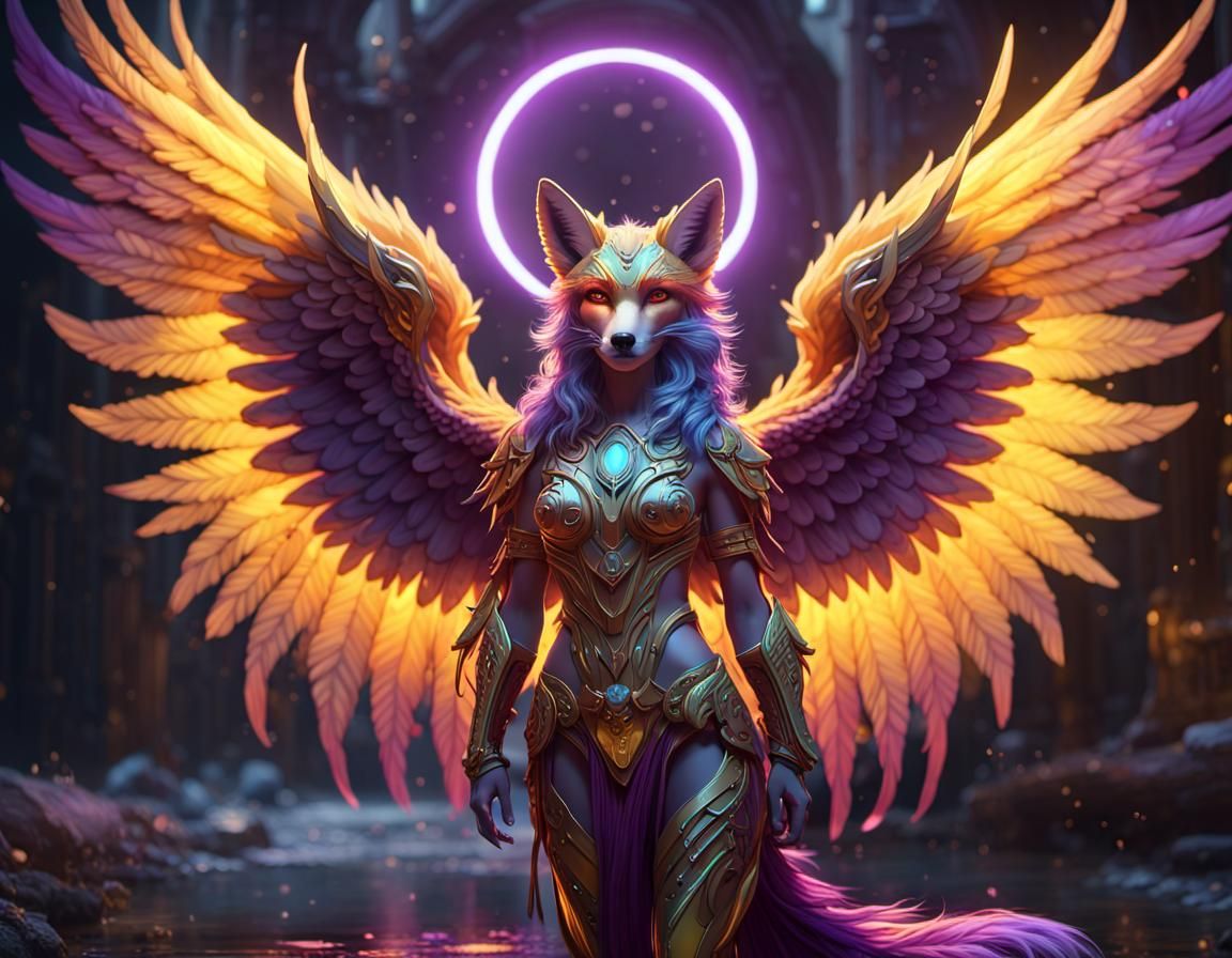 Rainbow Fox with Wings and Halo in Fantasy Art