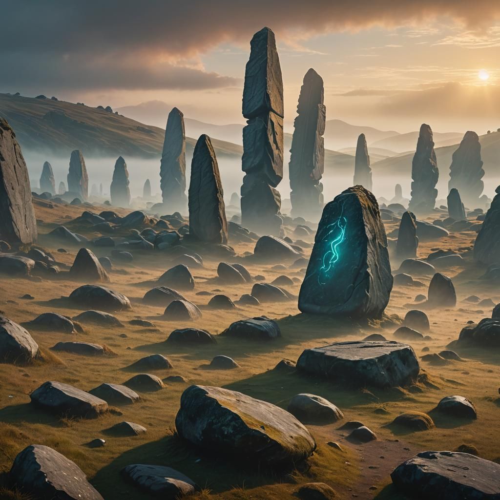 Glowing Standing Stones on Alien Hillside in Mist
