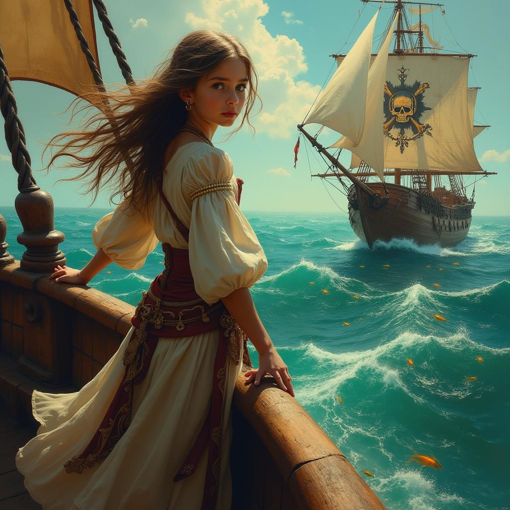 Young Pirate Girl on Enchanted Ship, Fantasy Oil Painting