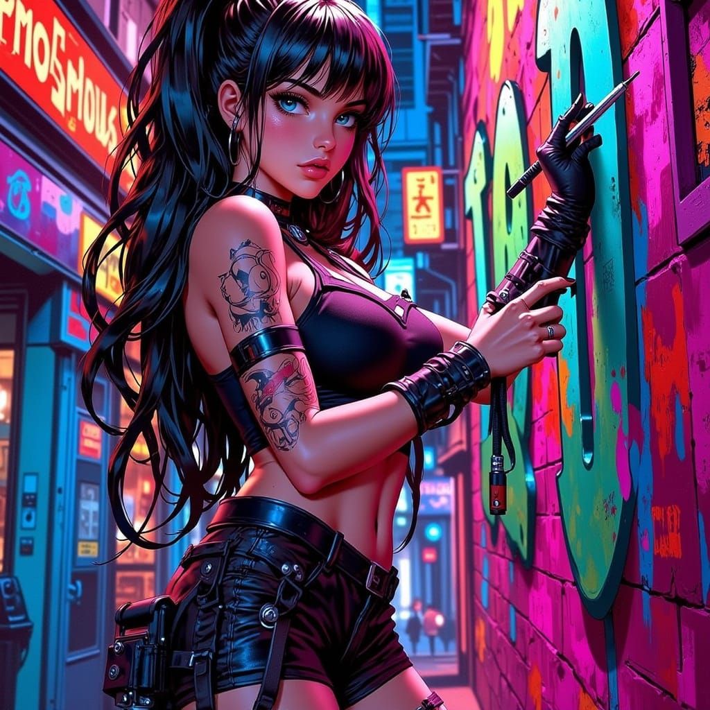 Vibrant Graffiti Art in Neon Cityscape