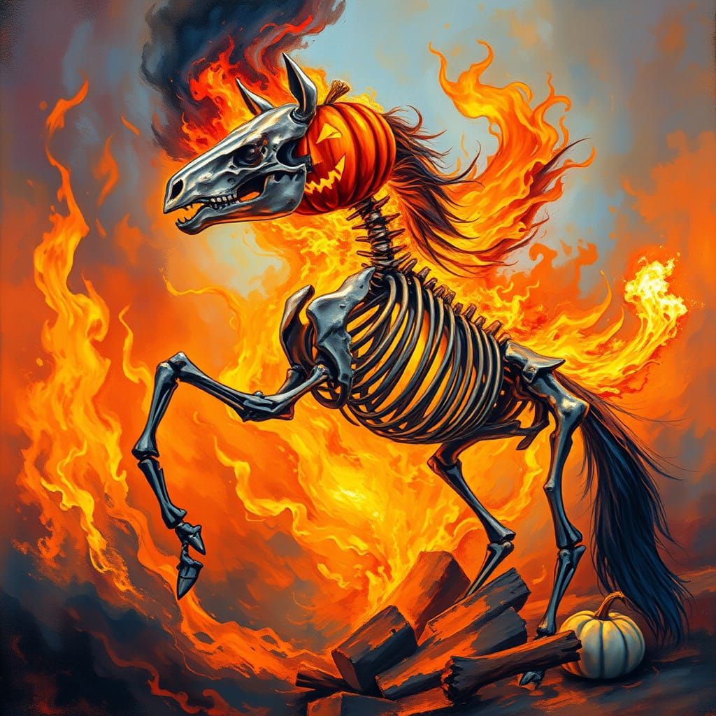 Fiery Horse Skeleton with Pumpkin Head Masterpiece