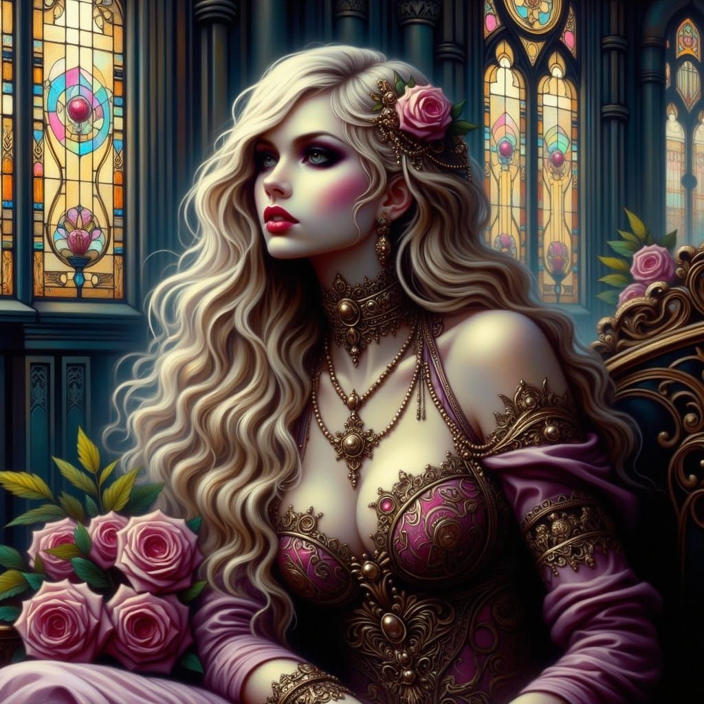 Romantic Goth Woman in Cathedral with Jewels