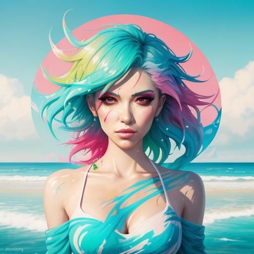 Colorful Graffiti Woman on Beach in Polychromatic Style