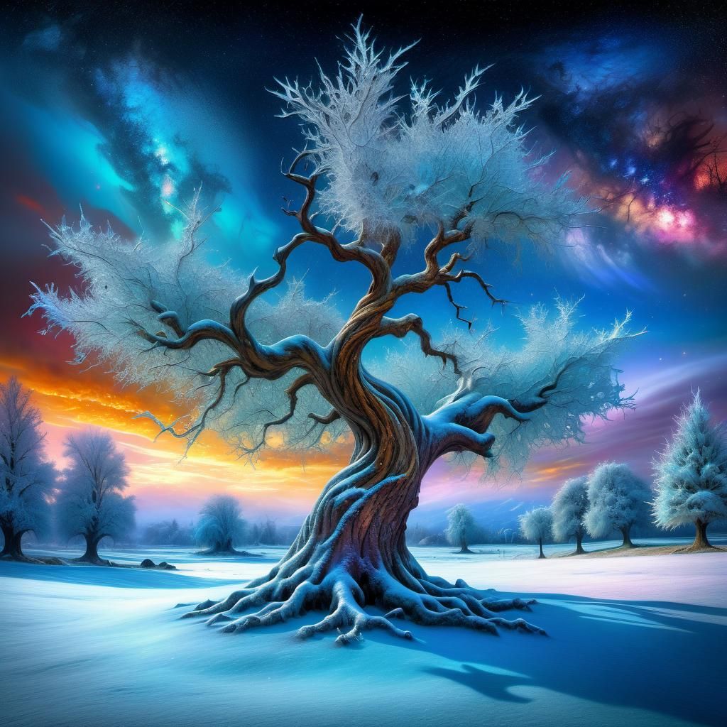 Frozen Galaxy Tree in Surreal Style