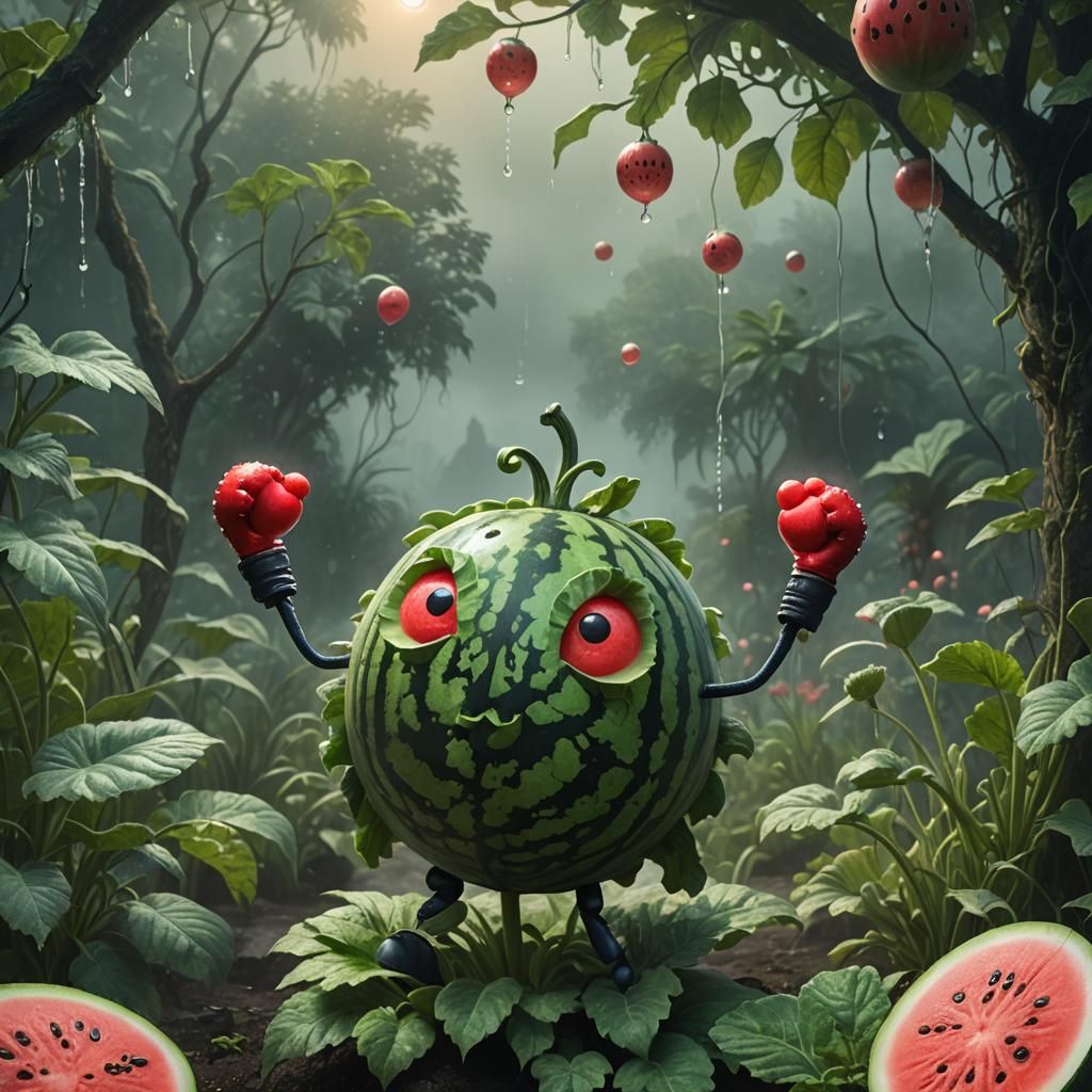 Sentient Watermelon Boxer in Misty Garden