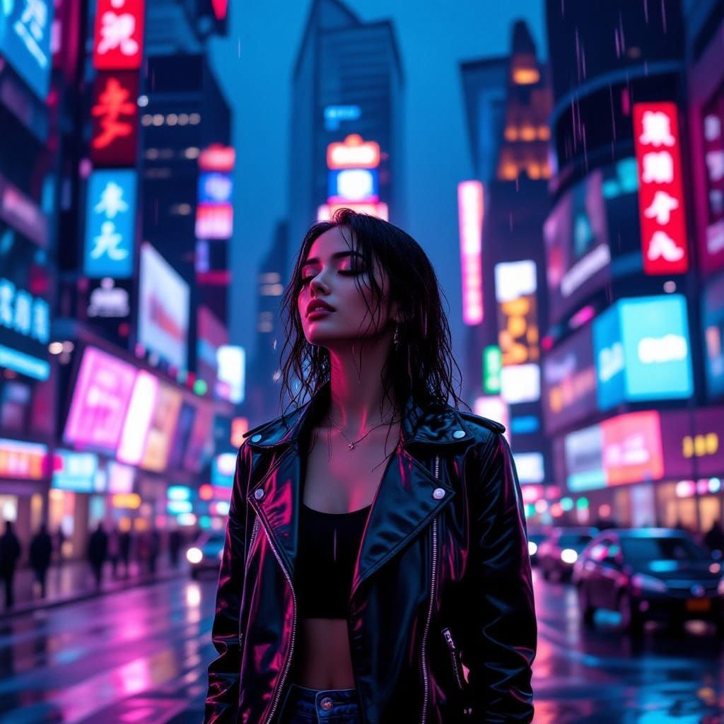 Confident Woman Amidst Neon Cityscape