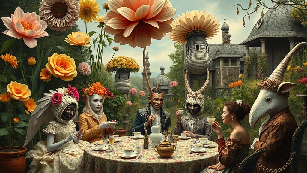 Surreal Garden Party with Dreamlike Creatures, Klimt Inspire...
