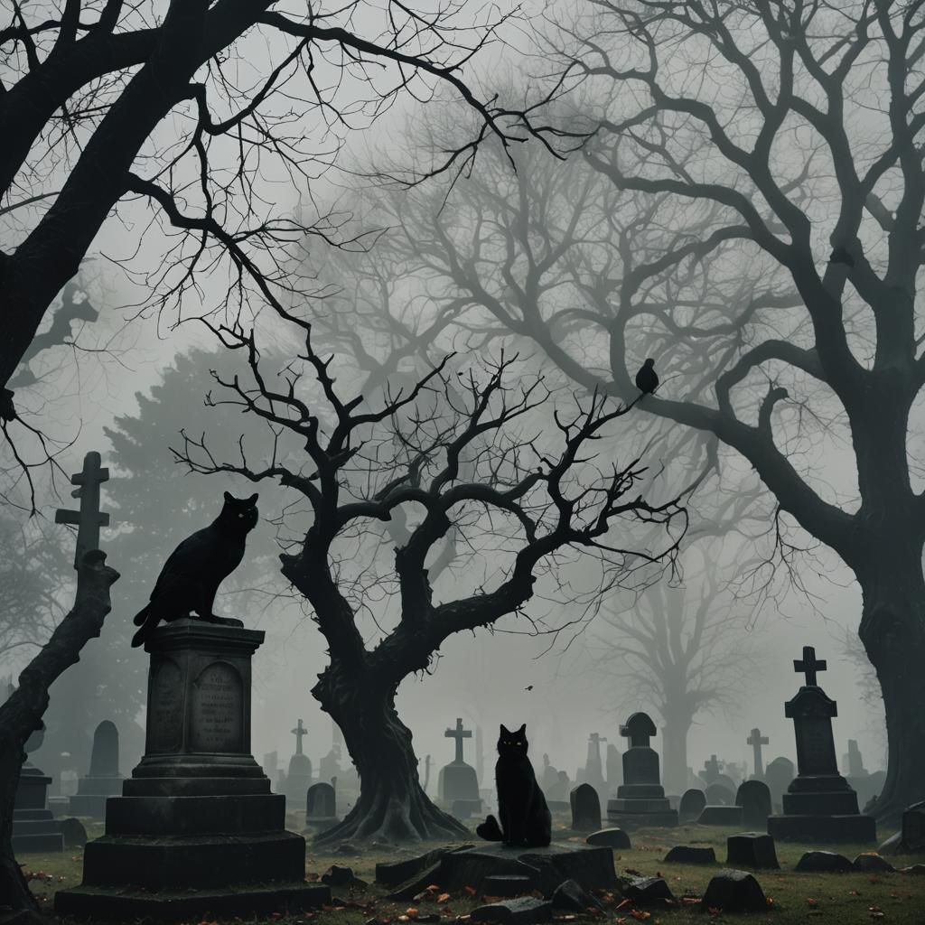 Graveyard Scene with Black Cat in Dark Academia Style