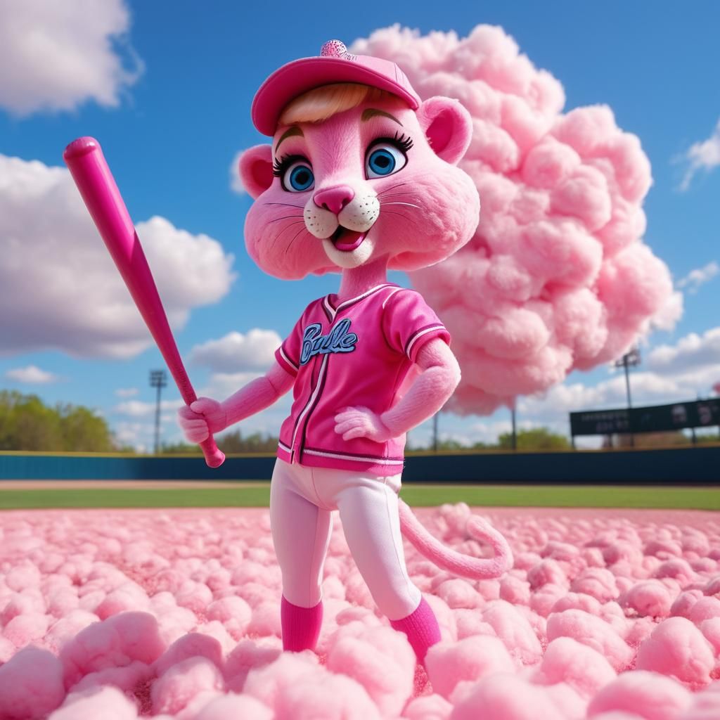 Pink Panther as Barbie on Candy Baseball Field