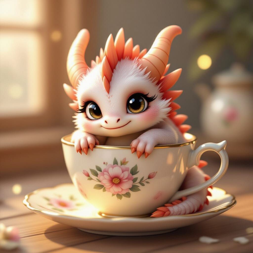 Adorable Fluffy Dragon in Teacup - CGI Style