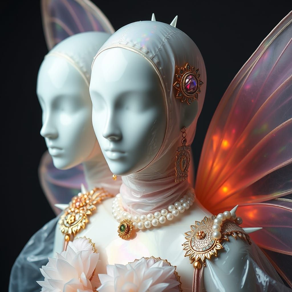 faceless, glowing opalescent texture, iridescent fabric, golden jewelry, stretched plastic, translucent material, manneq...