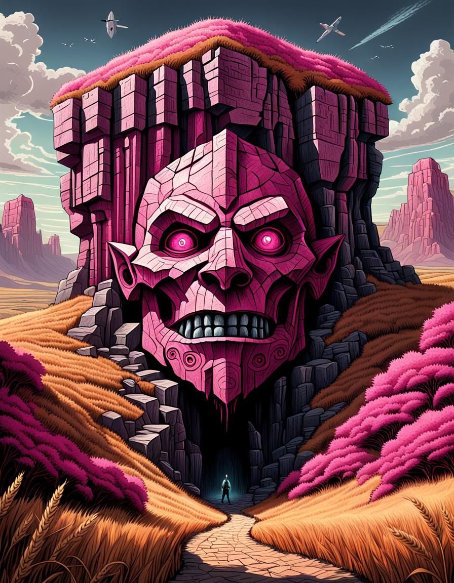 Sinister Stone Face Cliff in 1970s Fantasy Art