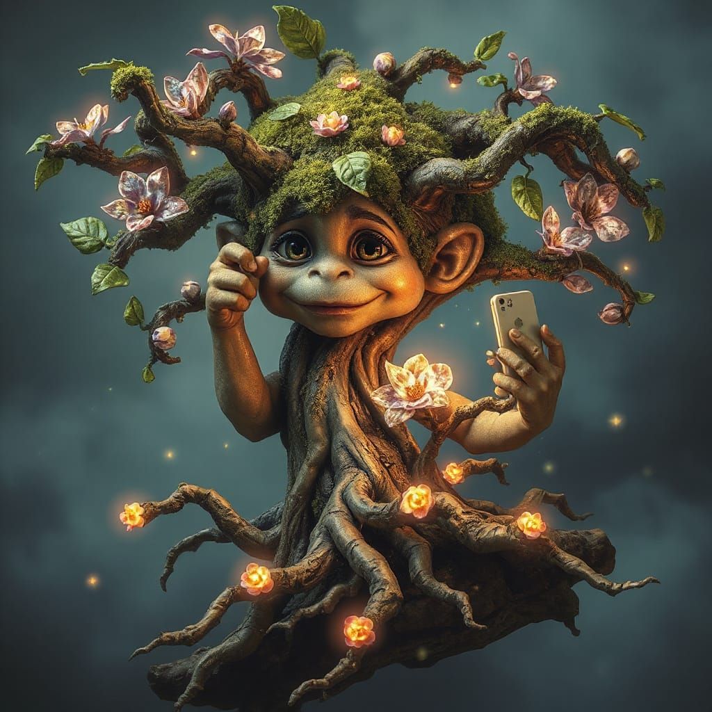 Whimsical Ancient Tree Takes a Selfie in Enchanted Forest