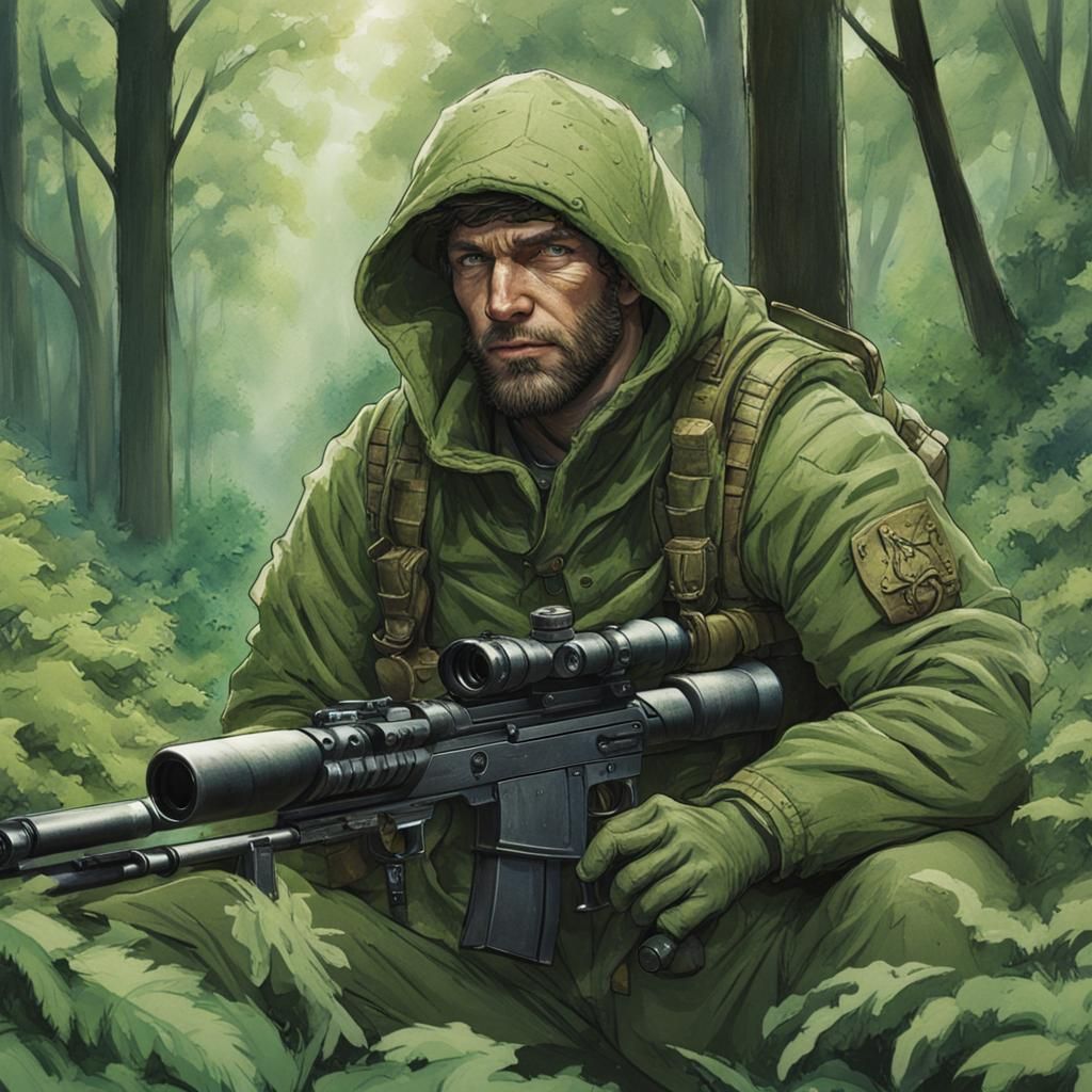 Camouflaged Sniper in Verdant Forest