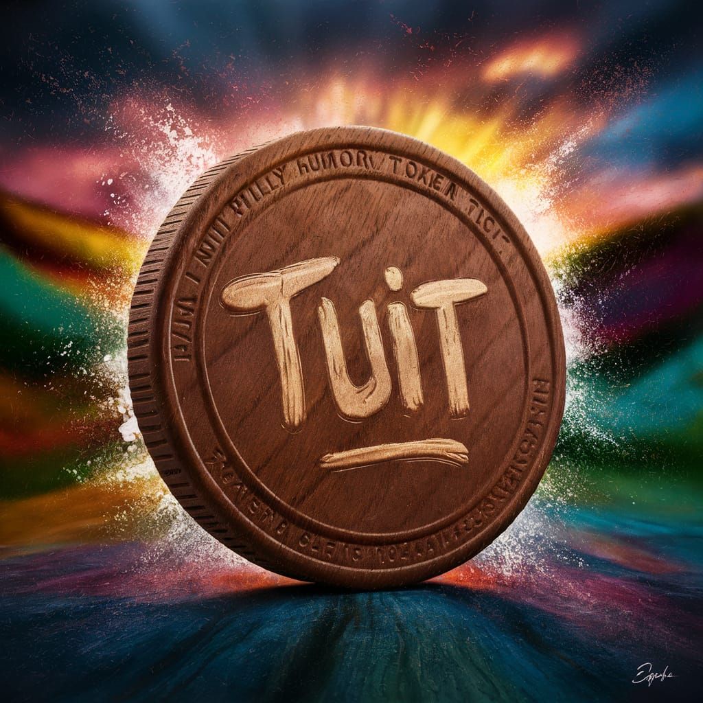 Wooden 'TUIT' Coin: Hyperrealistic Splash Art