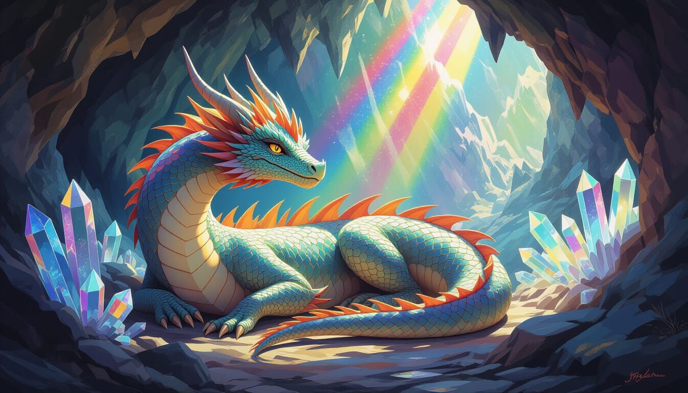 Dragon in Prismatic Cave: Fantasy Illustration
