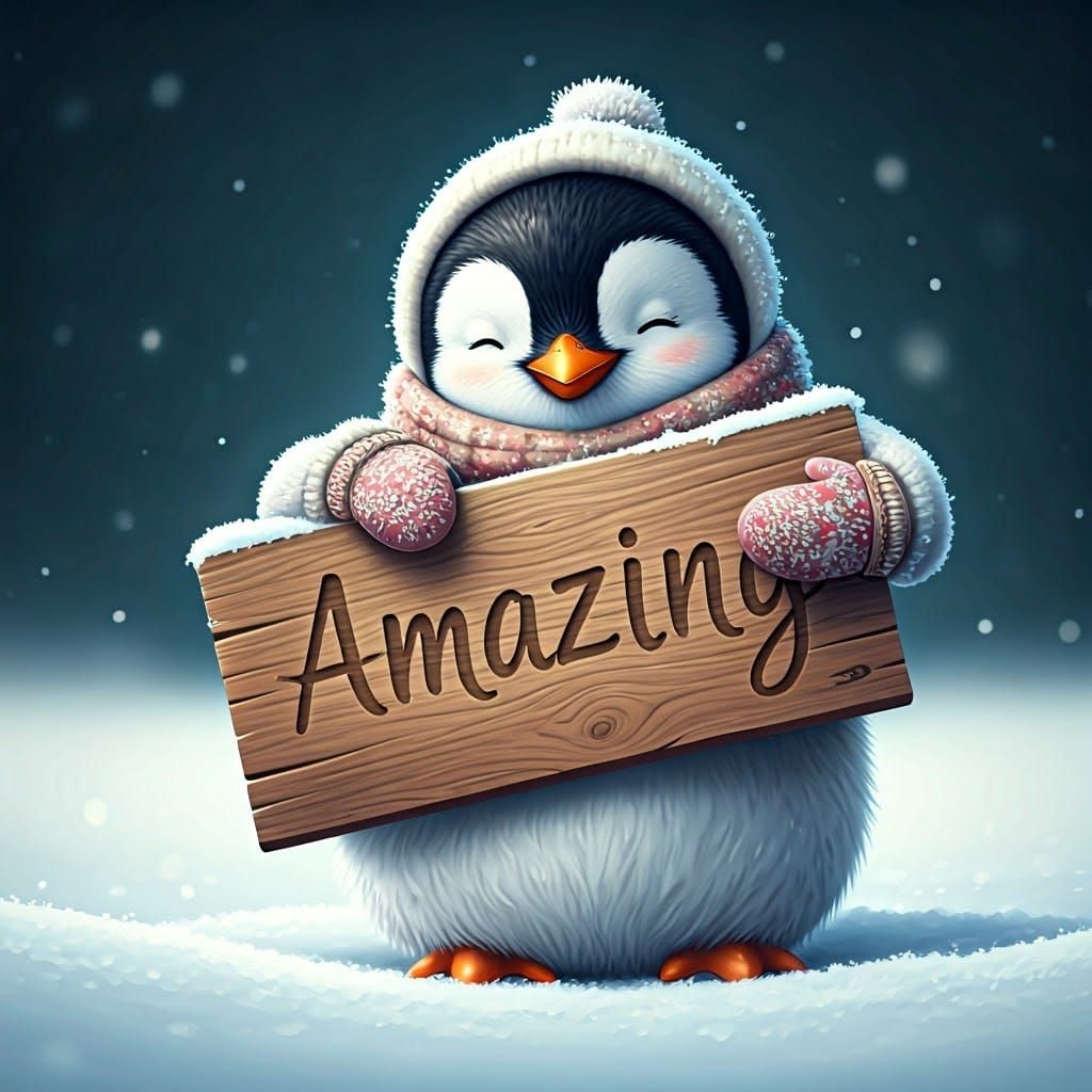 Whimsical Penguin Hugs Wood Sign in Winter Wonderland