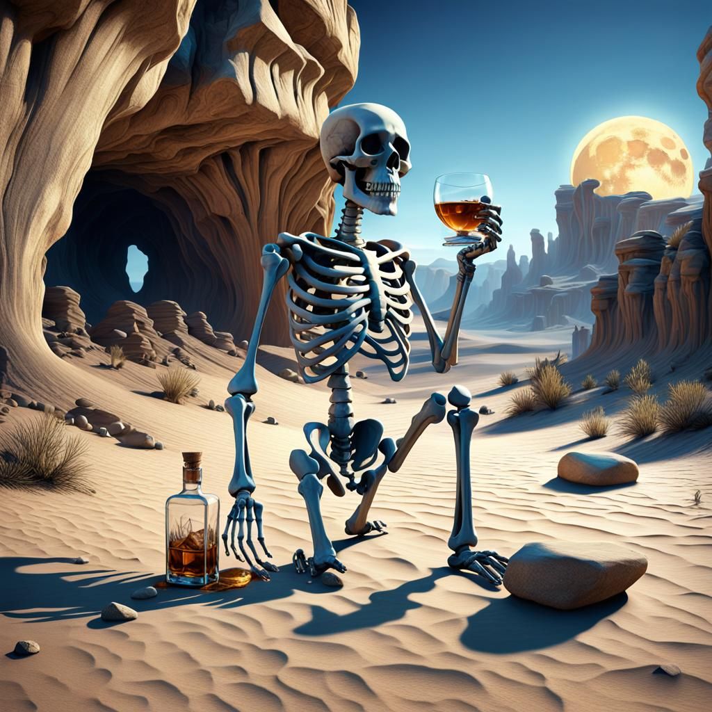 Surreal Skeleton Sipping Whiskey in Desert Canyon