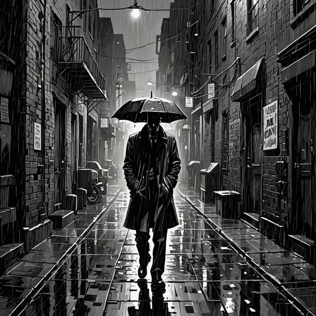 Comic Noir: Lone Man in Rainy Alley