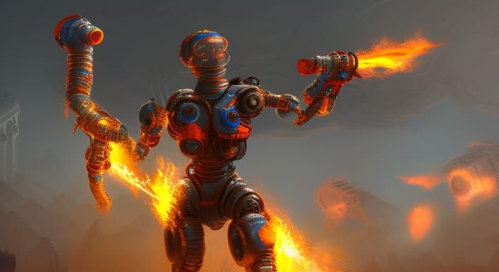Humanoid Robot with Flamethrower: Detailed Matte Painting