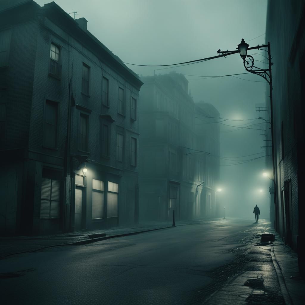 Fog-Shrouded Town in Atmospheric Horror Film Still
