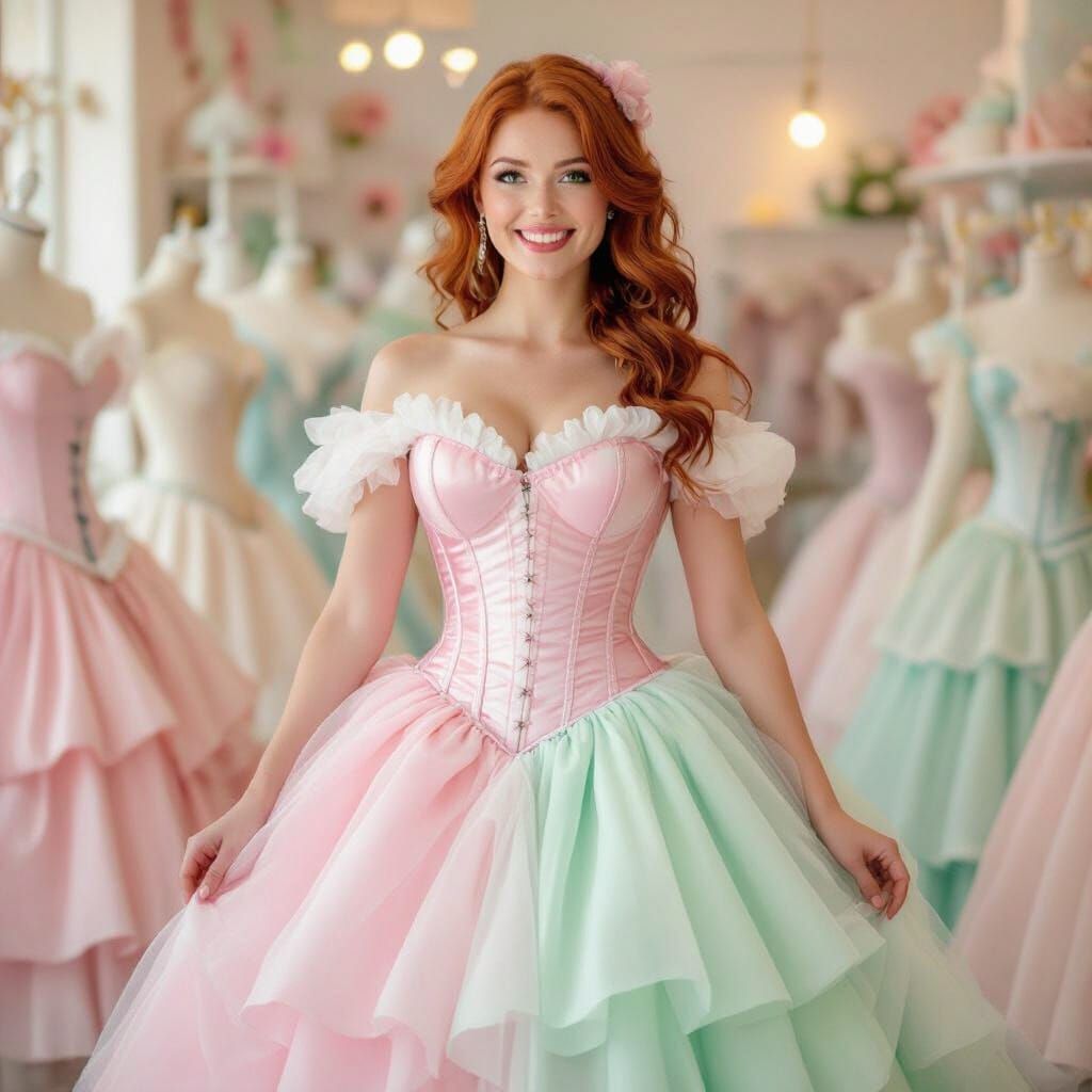 Woman in Pink and Mint Gown with Corset