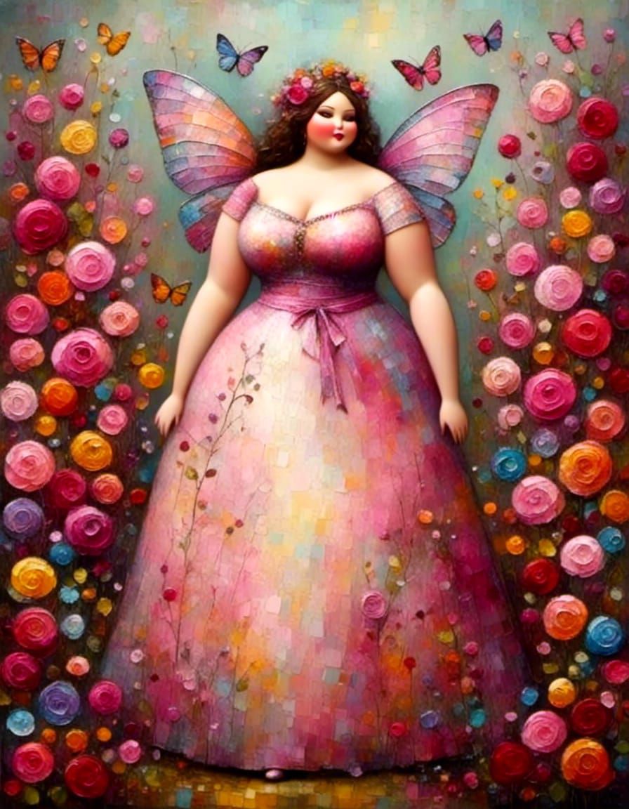 Curvy Fairy in Rose Garden: Whimsical Digital Art