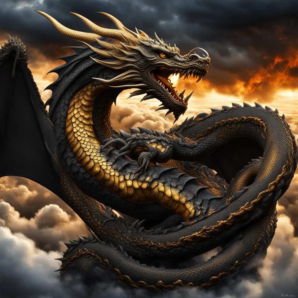 Majestic Black and Gold Dragon on Sea of Fire