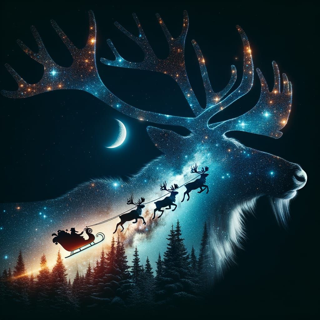 Breathtaking Caribou Under Starry Night with Santa's Sleigh
