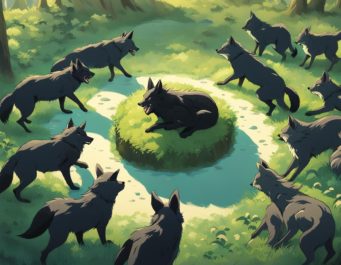 Wolves and Bunny in Anime Key Visual Style