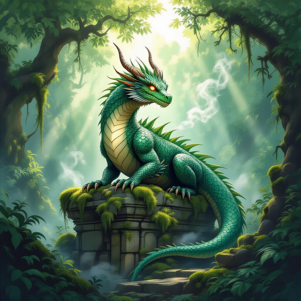 Emerald Dragon on Ancient Ruins in Forest