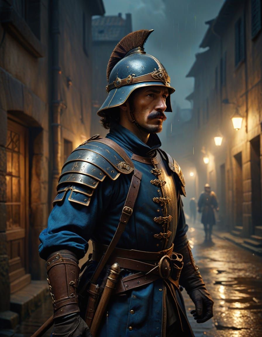 Dramatic Baroque Soldier in Post-Medieval Town