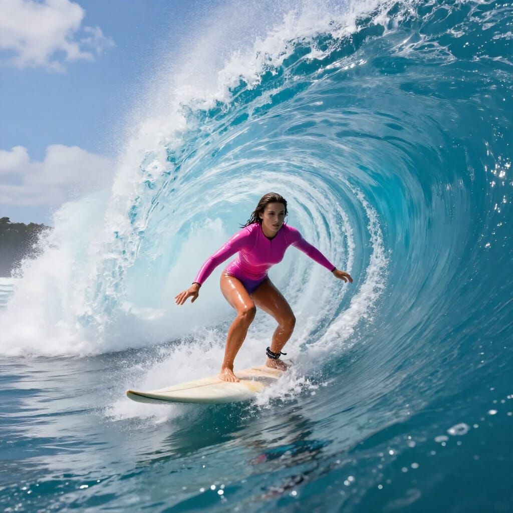 Female Surfer Rides Giant Wave in Latex Bodysuit