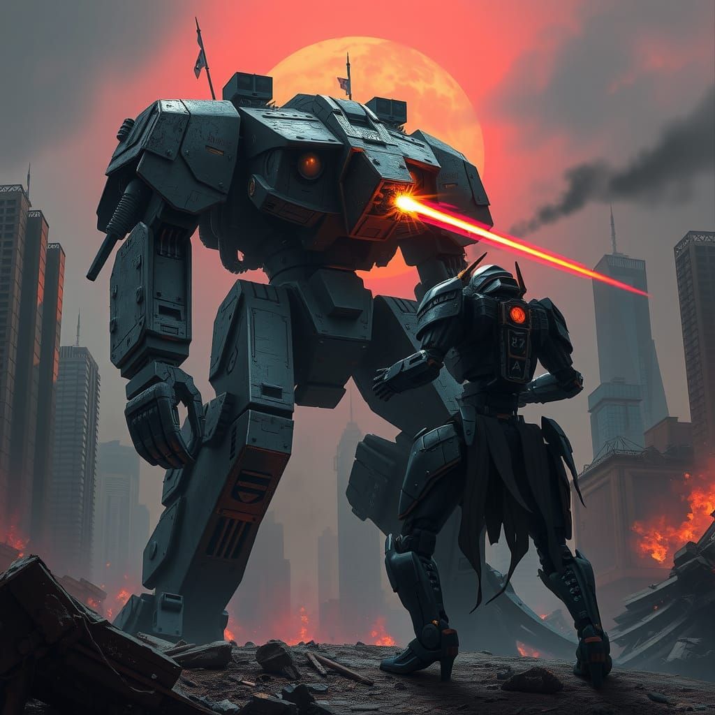 The crimson sun dipped below the shattered skyscrapers, cast...