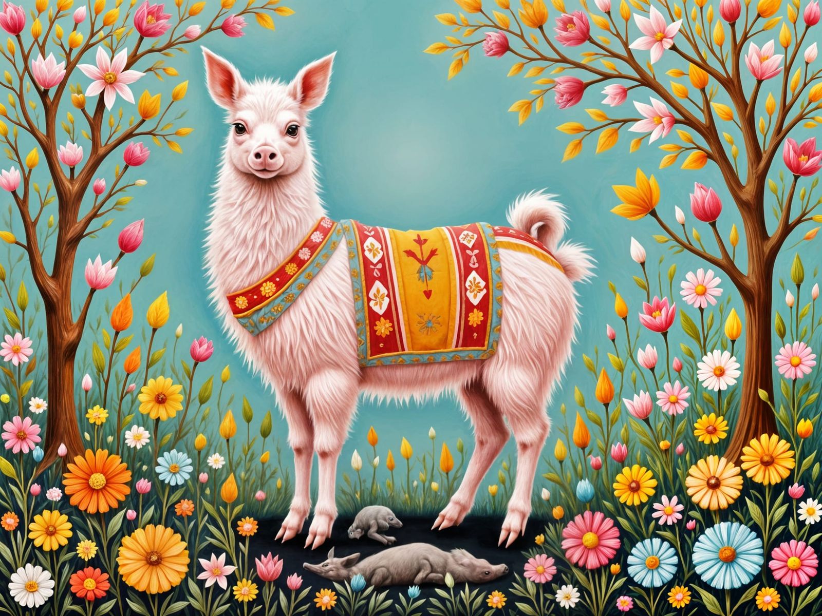 Whimsical Downy Llama Pig Hybrid in Folk Art Style