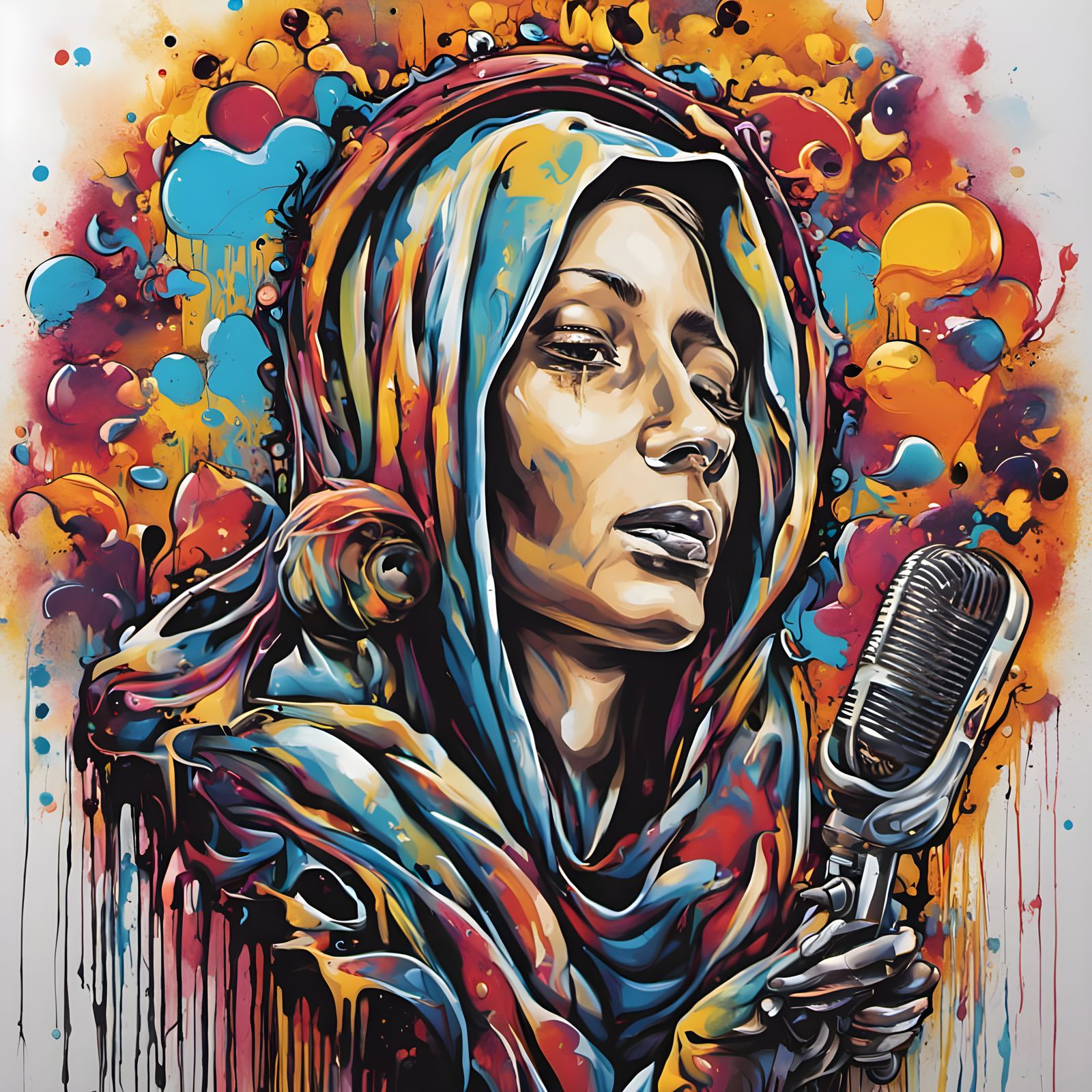 Virgin Mary, Microphones, Sun and Moon in Graffiti Art