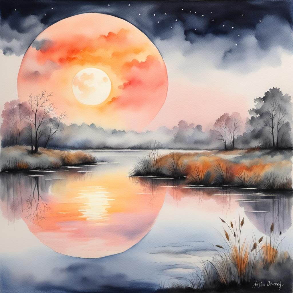 Misty Autumn Sunset Pond: Watercolour Painting