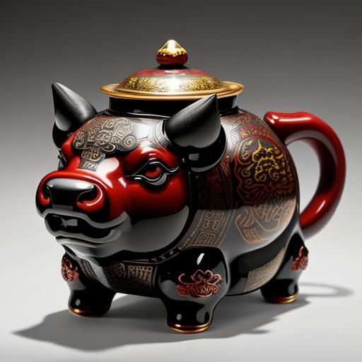 Ornate Bull-Shaped Teapot on China Table