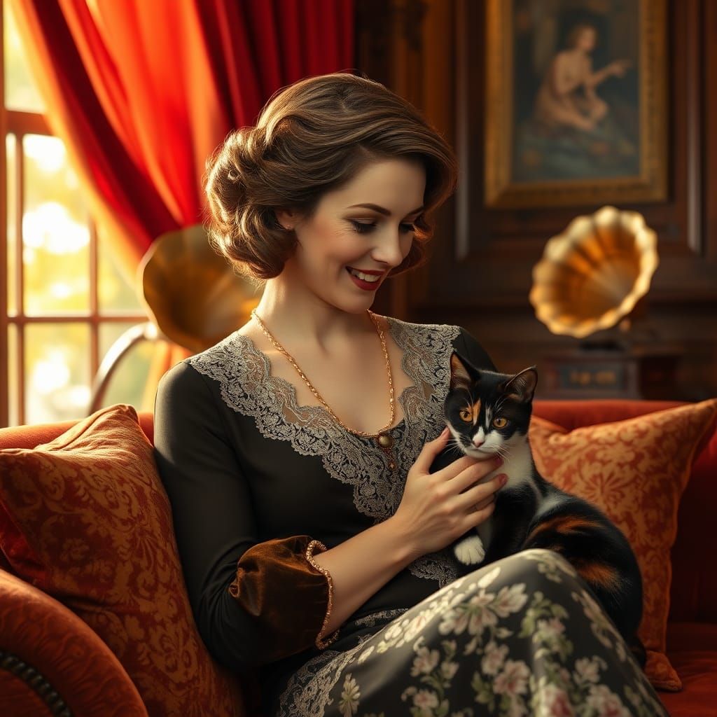 Elegant 1930s Portrait of Woman with Cat
